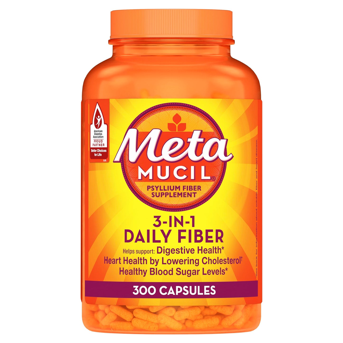 Metamucil, Daily Psyllium Husk Powder Supplement, 3-in-1 Fiber for Digestive Health, Plant Based Fiber, 300ct Capsules (Packaging May Vary)