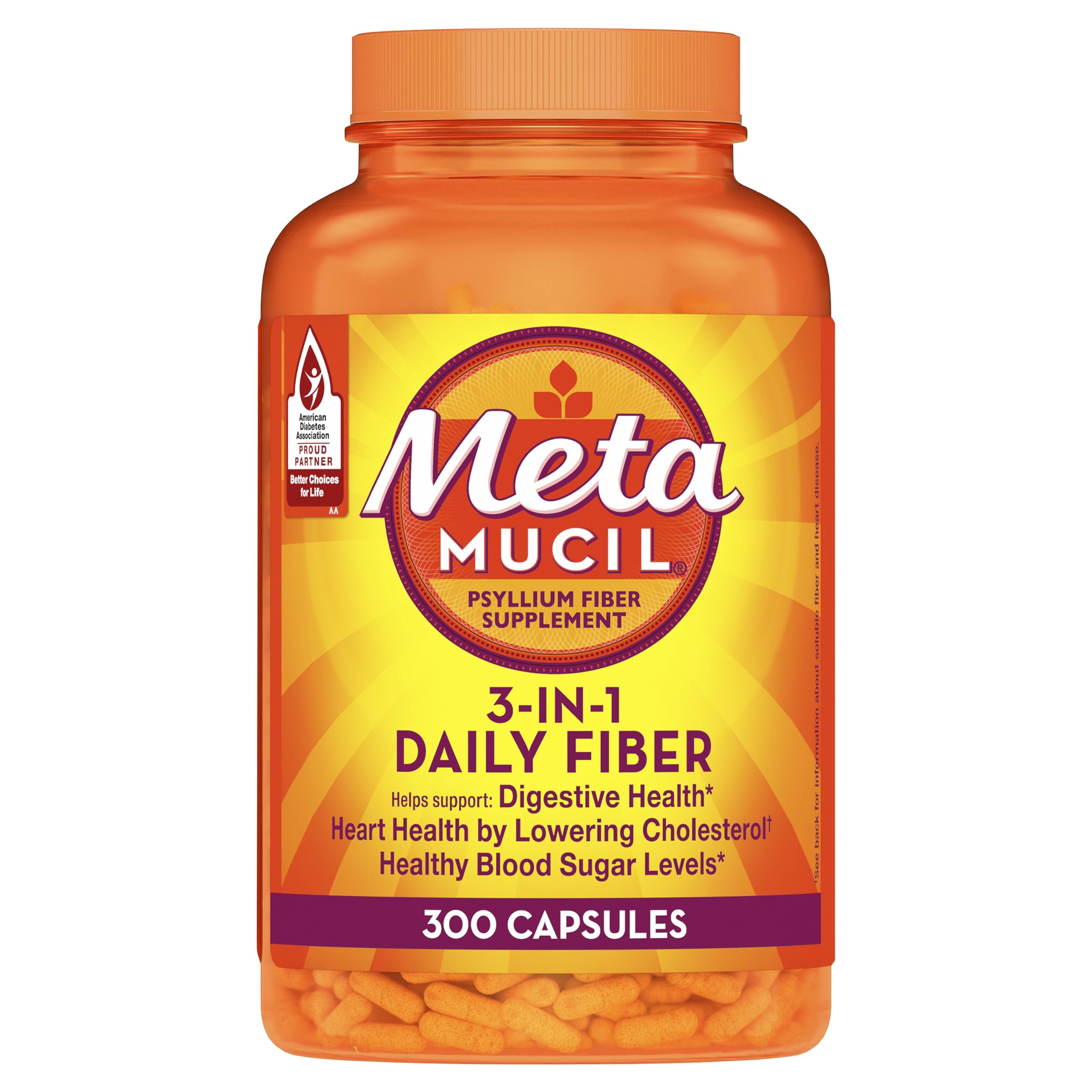 Metamucil, Daily Psyllium Husk Powder Supplement, 3-in-1 Fiber for Digestive Health, Plant Based Fiber, 300ct Capsules (Packaging May Vary)