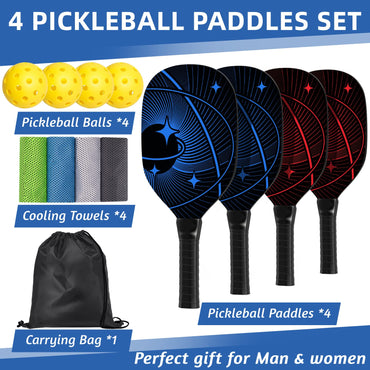 Pickleball Set with 4 Premium Wood Pickleball Paddles, 4 Pickleball Balls, 4 Cooling Towels & Carry Bag, Pickleball Rackets with Ergonomic Cushion Grip, Gifts for Men Women