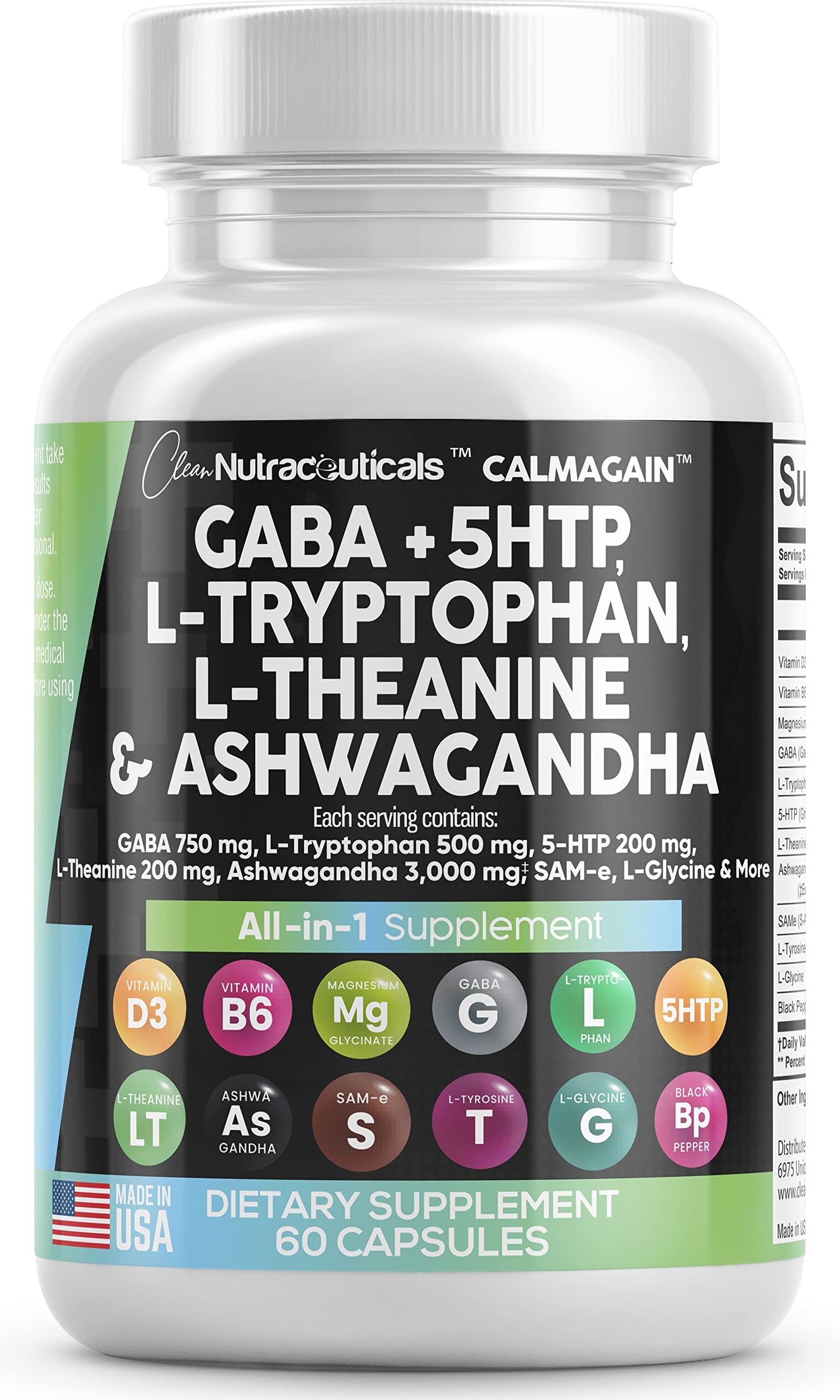 Clean Nutraceuticals GABA 750mg 5 HTP 200mg L Tryptophan 500mg L Theanine 200mg Ashwagandha 3000mg SAM-e L-Glycine - Mood Support Vitamins for Women and Men with L-Tyrosine - Made in USA 60 Caps