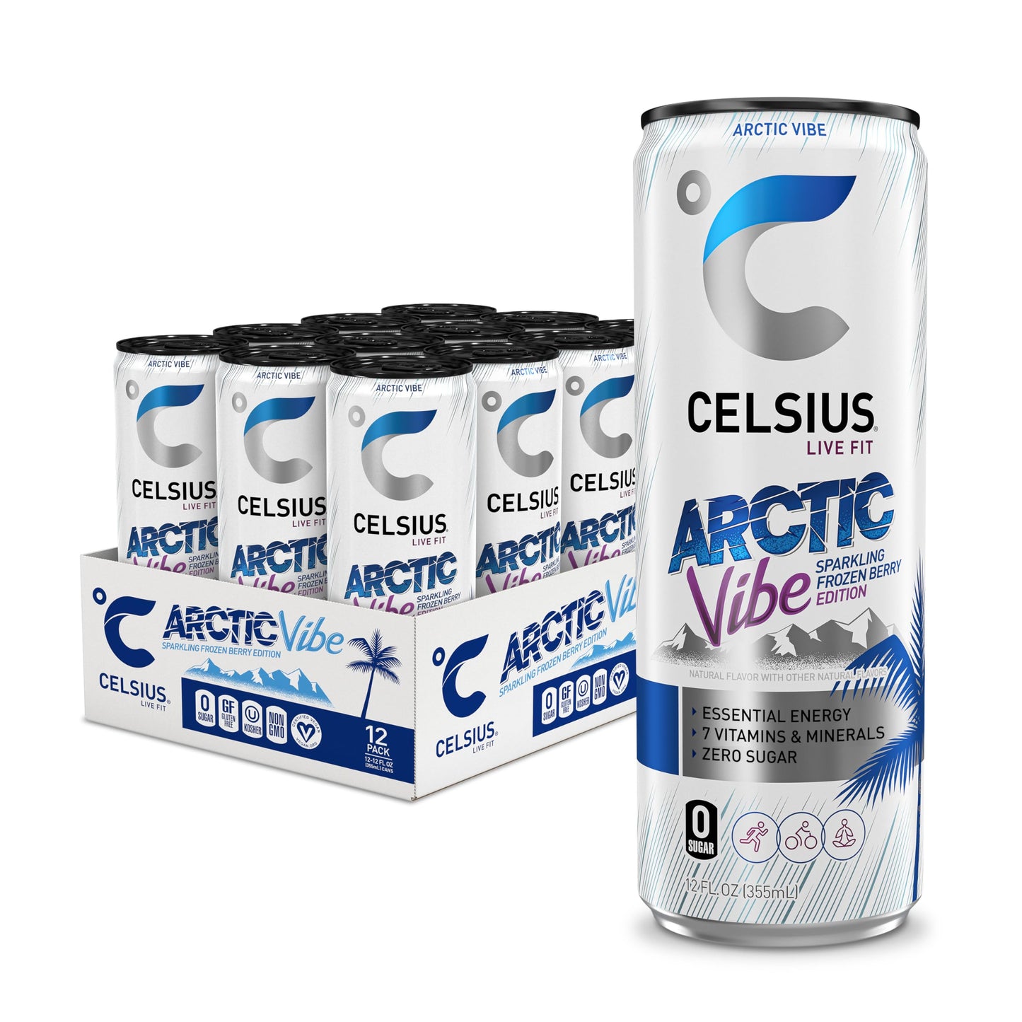 CELSIUS Arctic Vibe Sparkling Frozen Berry, Functional Essential Energy Drink, 12 Fl Oz (Pack of 12)