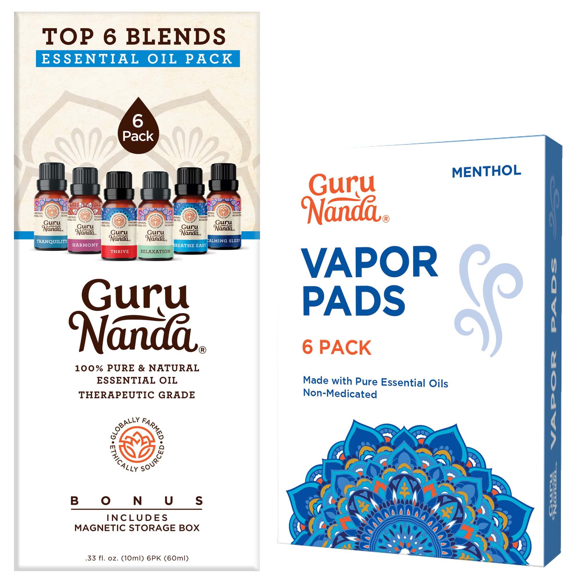 Guru Nanda (Set of 6) Therapeutic Grade Essential Oil Blends - 100% Pure & Natural Aromatherapy Blends for Oil Diffusers & Topical Use & Menthol Vaporizer Pads, 18 Count