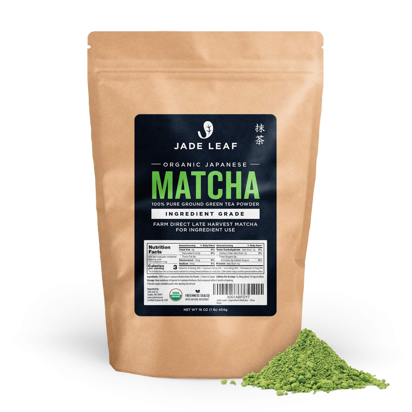 Jade Leaf - Organic Japanese Matcha Green Tea Powder, Ingredient Grade (1 Pound)