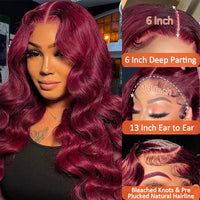 xinshow 99j Burgundy Lace Front Wigs Human Hair 13x6 HD Lace Front Wigs Human Hair 180% Density Body Wave Lace Front Wigs Human Hair Pre Plucked Bleached Knots with Baby Hair 24 Inch