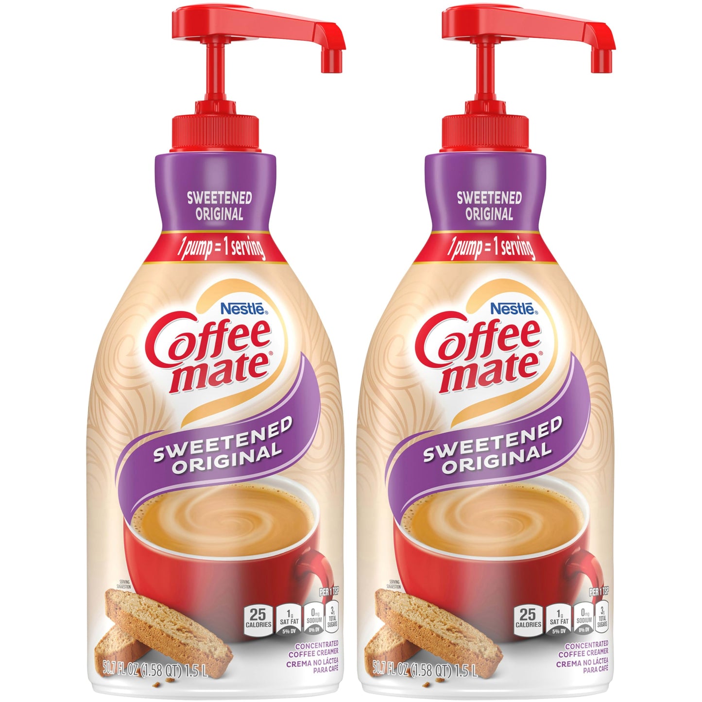 Nestle Coffee mate Coffee Creamer, Sweetened Original, Concentrated Liquid Pump Bottle, Non Dairy, No Refrigeration, 50.7 Ounces (Pack of 2)