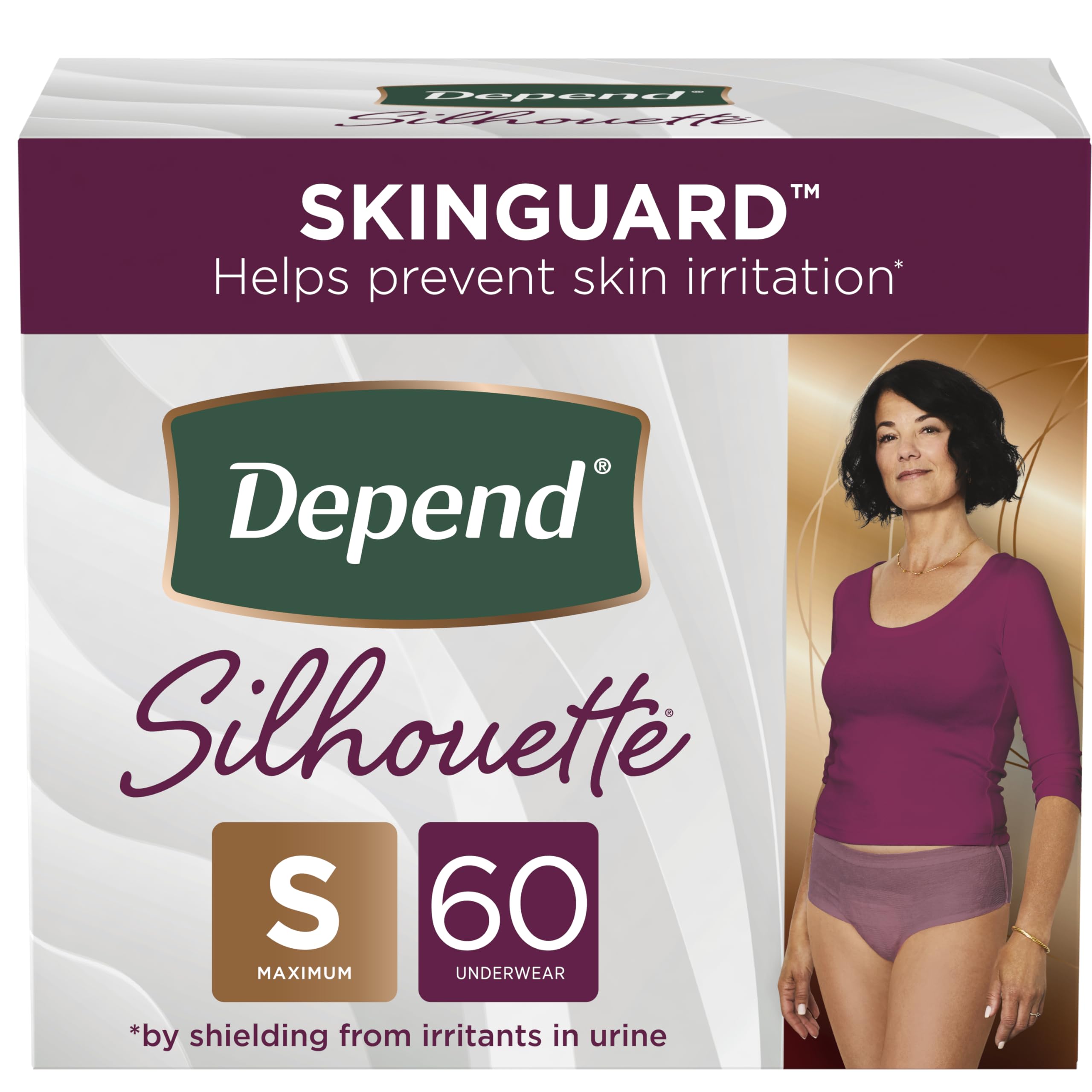 Depend Silhouette Adult Incontinence and Postpartum Underwear for Women, Small, Maximum Absorbency, Berry, 60 Count (2 Packs of 30), Packaging May Vary