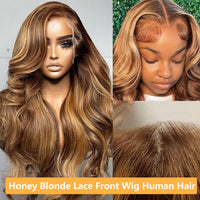 26 Inch Honey Blonde Lace Front Wig Human Hair 13x4 Ombre Pre Plucked with Baby Hair 180% Highlight Glueless Body Wave Lace Frontal Wigs
