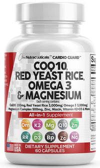 COQ10 200mg Red Yeast Rice 3000mg Omega 3 3000mg Magnesium Complex 500mg Niacin Zinc Vitamin K2 D3 - Heart Health Support Vitamins for Women and Men with Vitamin B3, Coenzyme Q10 - Made in USA 60 Caps