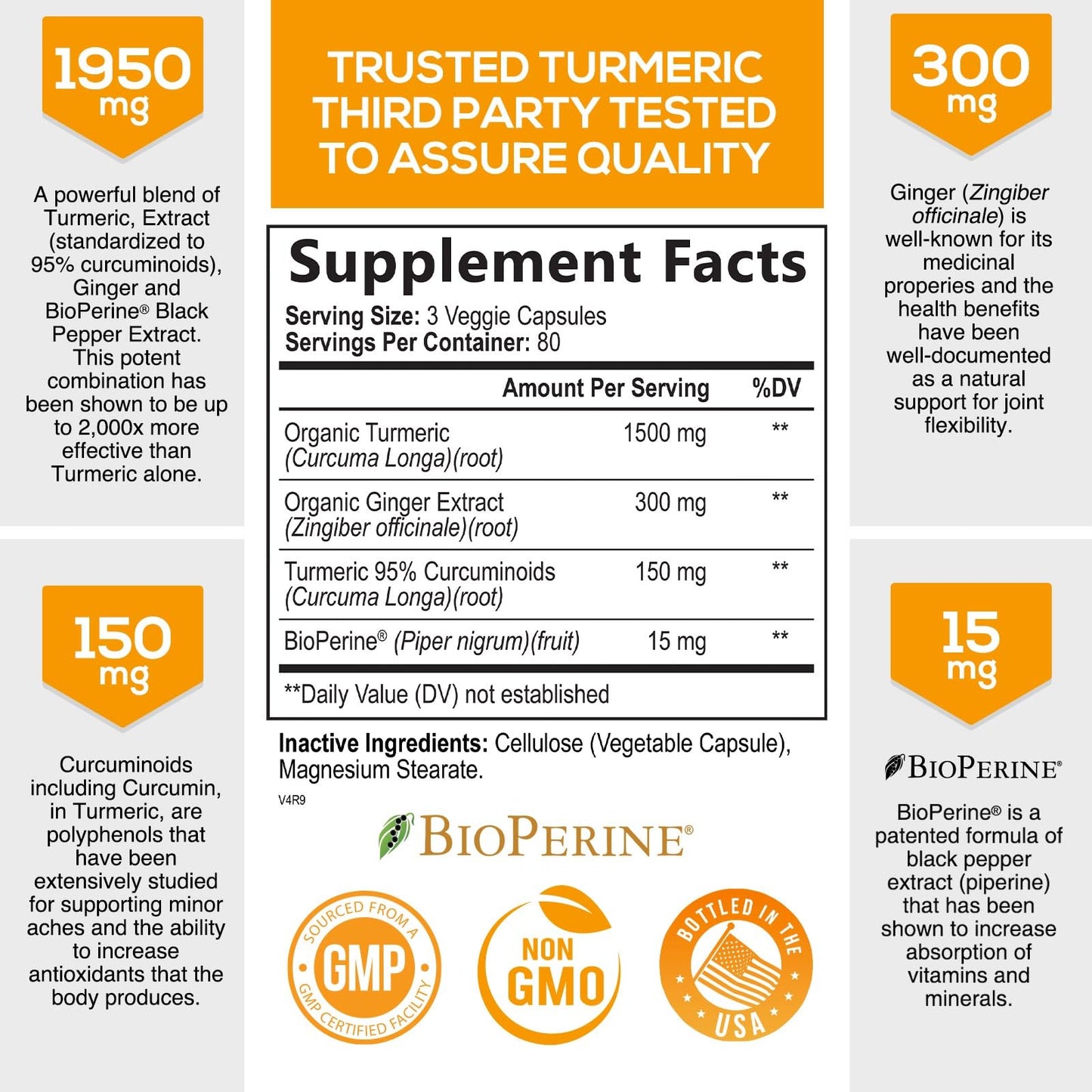 Turmeric Curcumin with BioPerine & Ginger 95% Standardized Curcuminoids 1950mg - Black Pepper for Max Absorption, Herbal Joint Support, Nature's Tumeric Extract Supplement, Vegan - 240 Capsules
