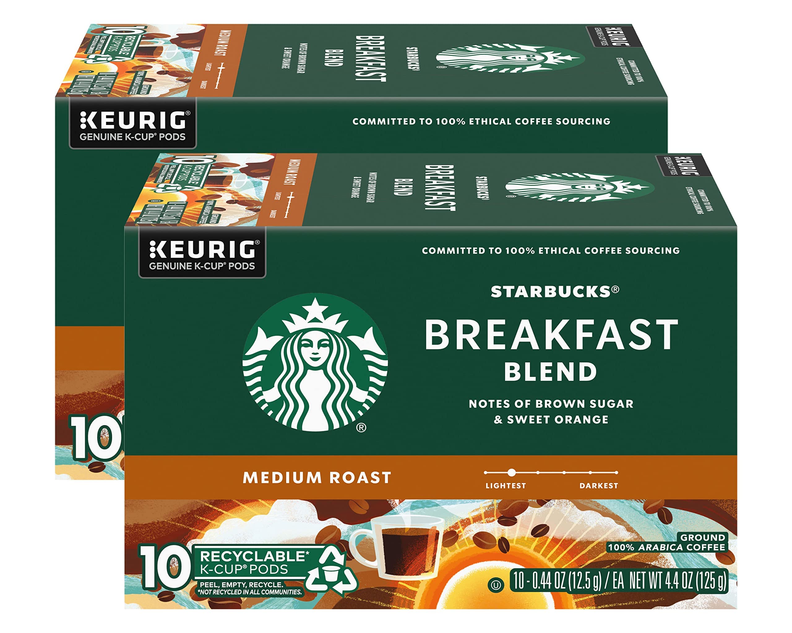 Starbucks Coffee K-Cup Pods, Breakfast Blend Medium Roast, Ground Coffee K-Cup Pods for Keurig Brewing System, 10 CT K-Cup Pods Per Box (Pack of 2 Boxes)