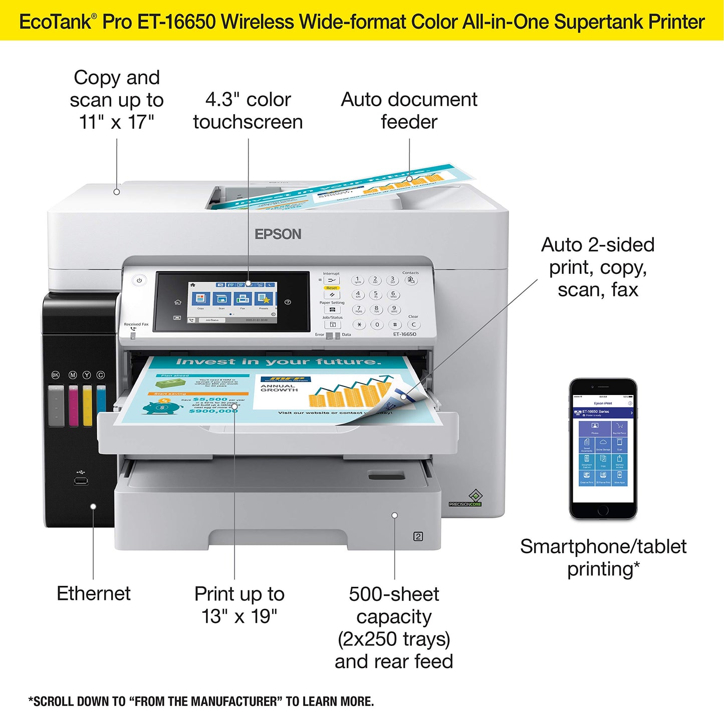 Epson EcoTank Pro ET-16650 Wireless Wide-Format Color All-in-One Supertank Printer with Scanner, Copier, Fax and Ethernet, White