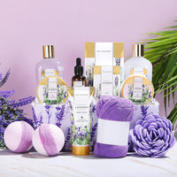 Spa Gift Basket, Spa Luxetique Lavender Spa Kit for Women - 12 Pcs Lavender Scented Spa Gift Set, Relaxing Home Spa Set with Essential Oil, Bubble Bath, Bath Salts, Body Scrub, Christmas Gifts for Mom