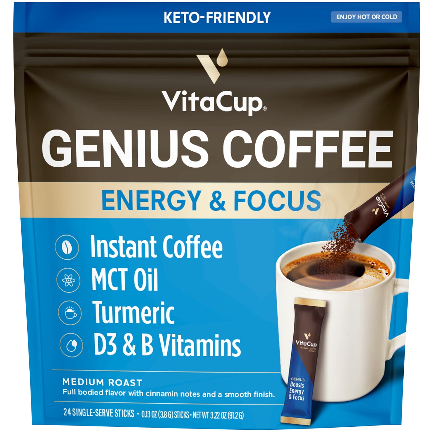 VitaCup Instant Coffee Stick (48) Count Bundle | Genius & Slim Blend | Superfood & Vitamins B1, B5, B6, B9, B12, & D3 Infused | Vegan | Enjoy Hot or Cold