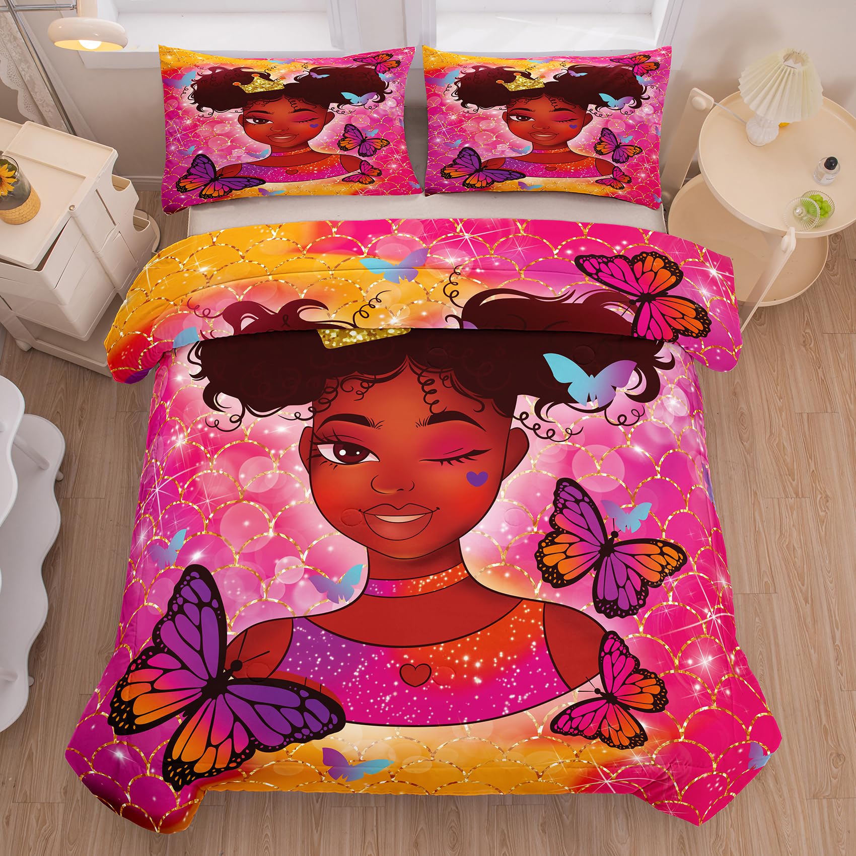 Tailor Shop Kawaii African American Black Girl Comforter Set Pink and Red Bedding Sets for Girls Kids Cute Magic Black Girl Bedding Set Mermaid Butterfly Comforter Full Size with 2 Pillowcase…