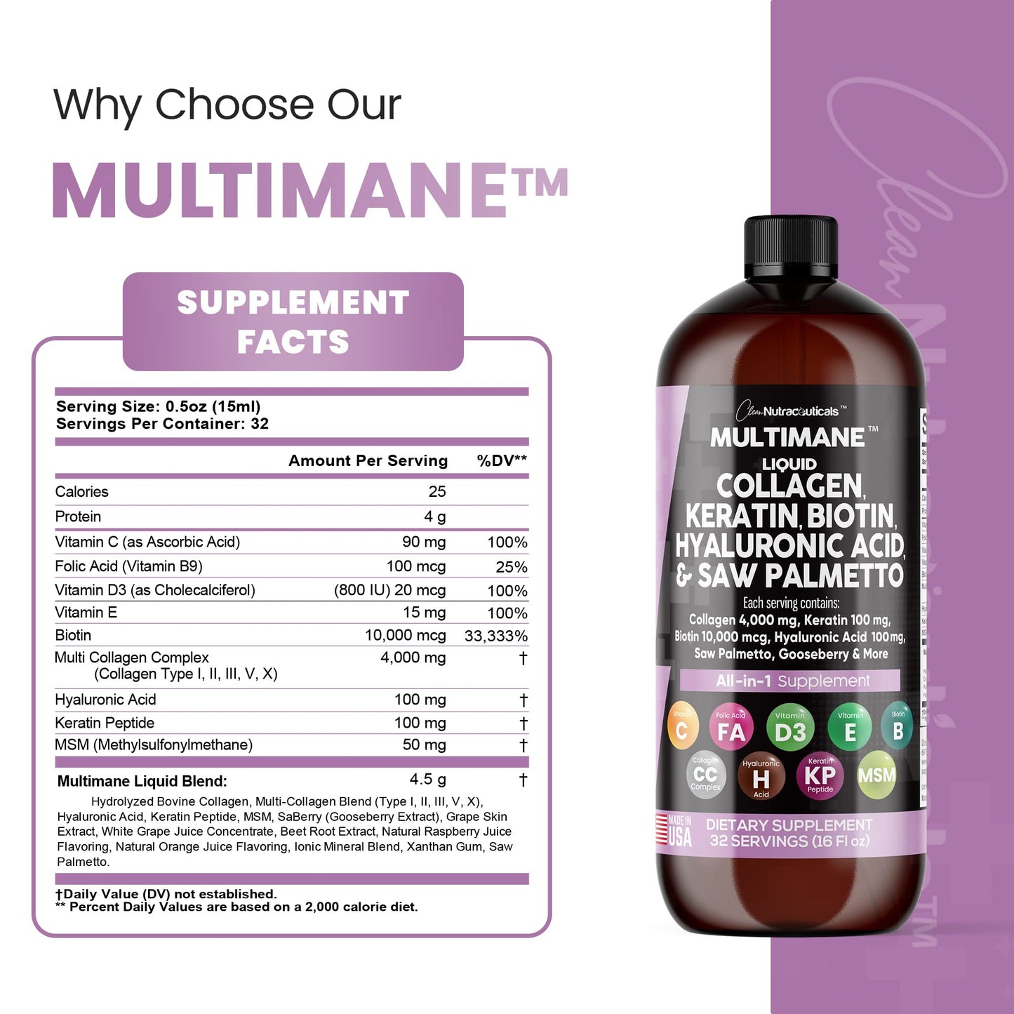 Liquid Collagen 4000mg Biotin 10000mcg Keratin 100mg Saw Palmetto Hyaluronic Acid 100mg - Hair Skin and Nails Vitamins and DHT Blocker with Vitamin D3 MSM 50mg Made in USA - 16 Fl. Oz