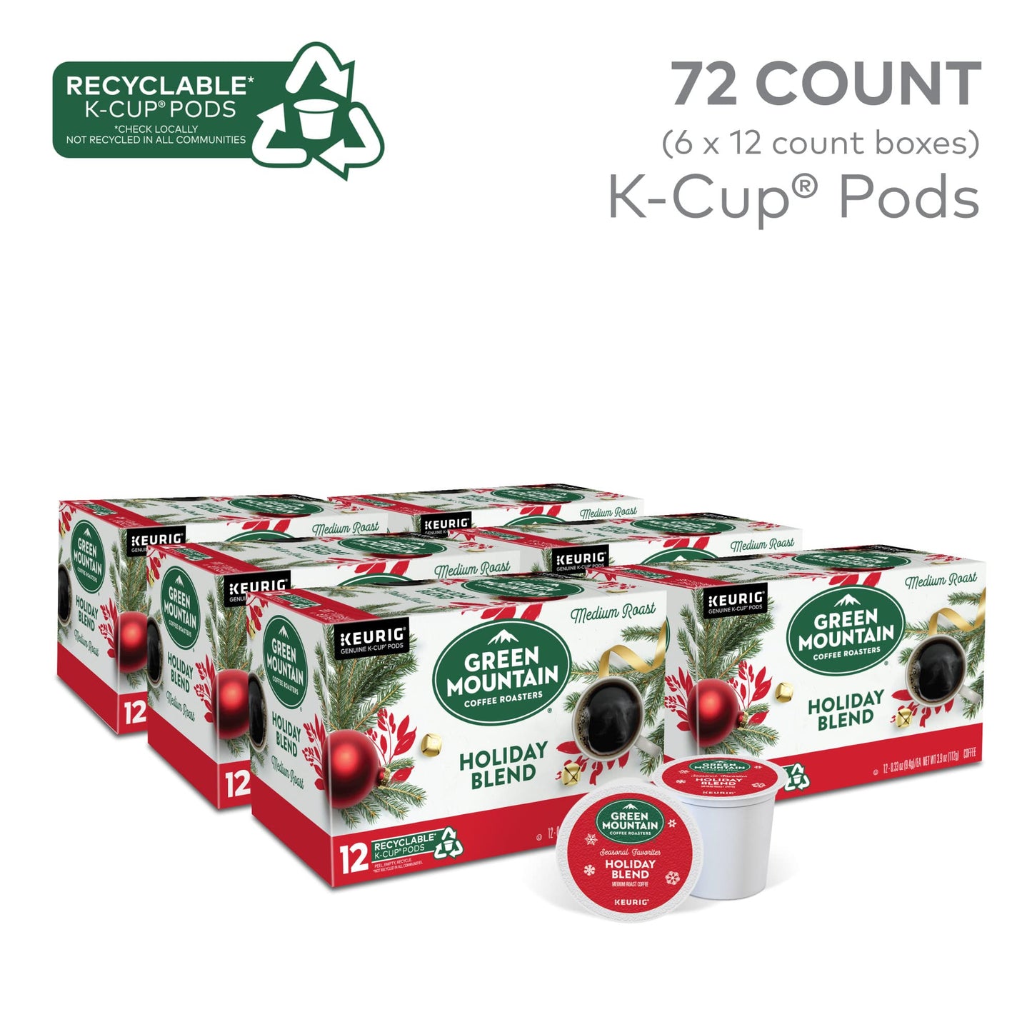 Green Mountain Coffee Roasters Holiday Blend, Keurig Single Serve K-Cup Pods, 72 Count (6 Packs of 12)