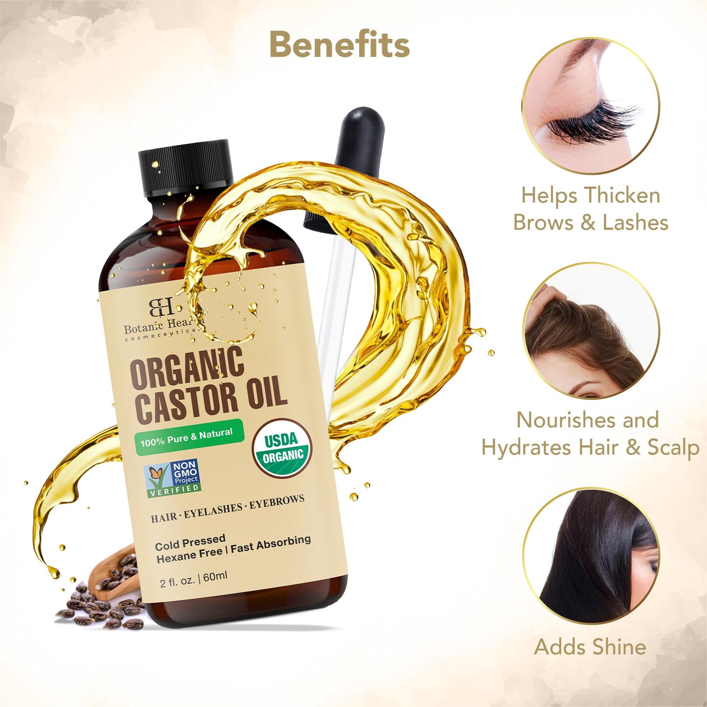 Botanic Hearth Castor Oil | USDA Certified Organic |100% Pure & Hexane Free | Cold Pressed | Growth for Eyelashes, Eyebrows, Hair | With Eyebrow & Eyelash Brush | 2fl oz