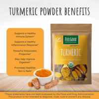 FeelGood Organic Superfoods Turmeric Powder with Natural Curcumin, Vegan, Non-GMO, Gluten Free, Pure Ground Turmeric Root from India, 8 oz