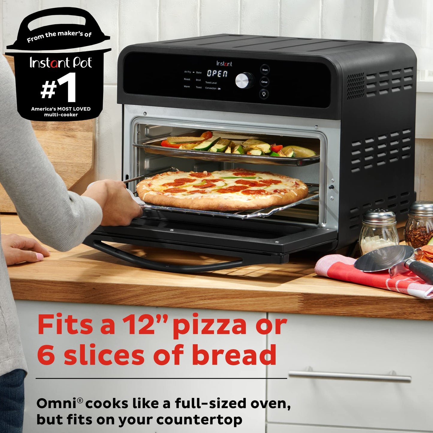 Instant Omni Air Fryer Toaster Oven Combo 19 QT/18L, From the Makers of Instant Pot, 7-in-1 Functions, Fits a 12" Pizza Oven, 6 Slices of Bread, App with Over 100 Recipes, Black Finish