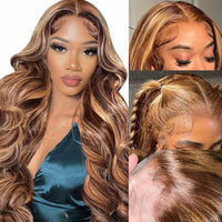 26 Inch Honey Blonde Lace Front Wig Human Hair 13x4 Ombre Pre Plucked with Baby Hair 180% Highlight Glueless Body Wave Lace Frontal Wigs