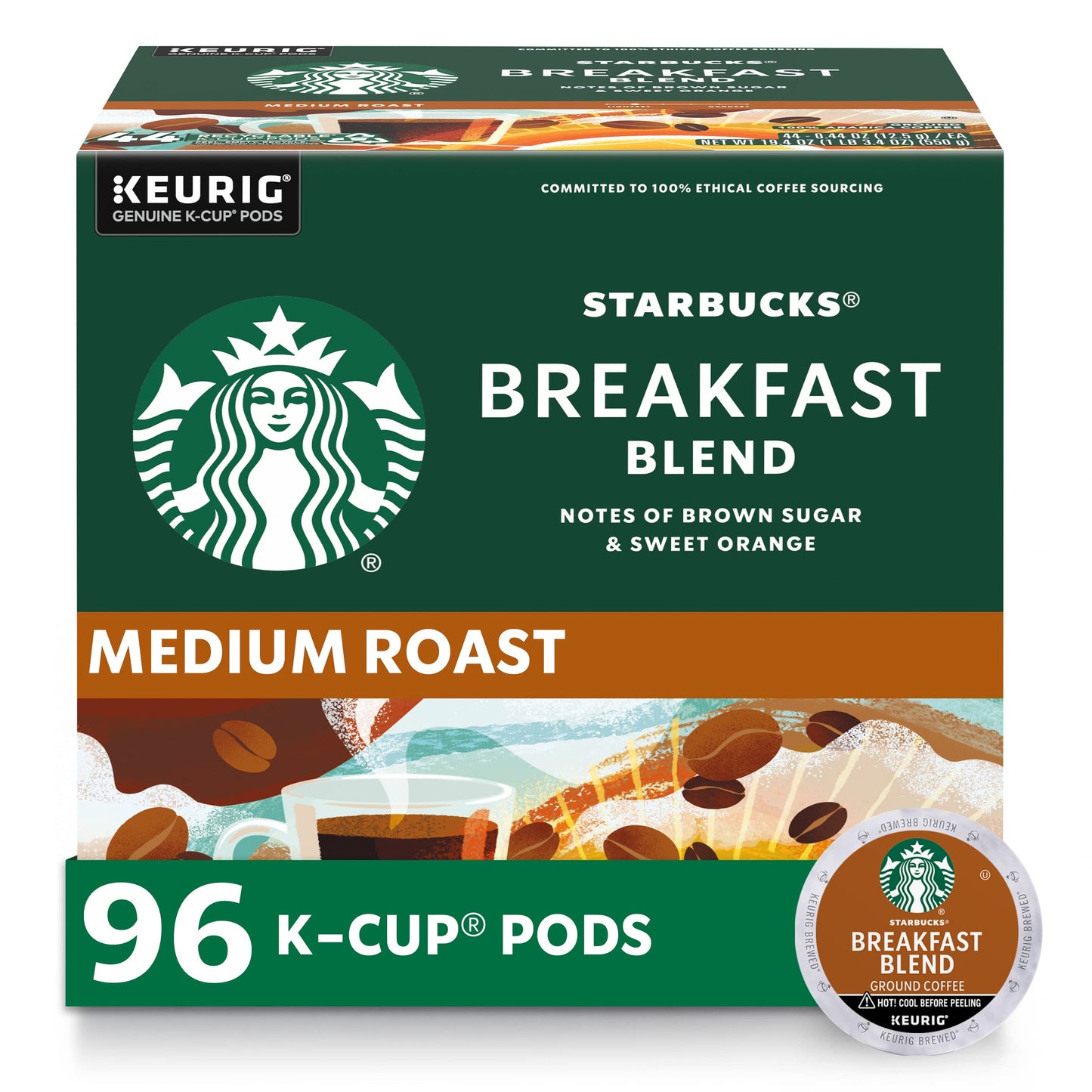 Starbucks K-Cup Coffee Pods—Medium Roast Coffee—Breakfast Blend—100% Arabica—4 boxes (96 pods total)