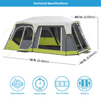 CORE 12 Person Instant Cabin Tent | 3 Room Tent for Family with Storage Pockets for Camping Accessories | Portable Large Pop Up Tent for 2 Minute Camp Setup