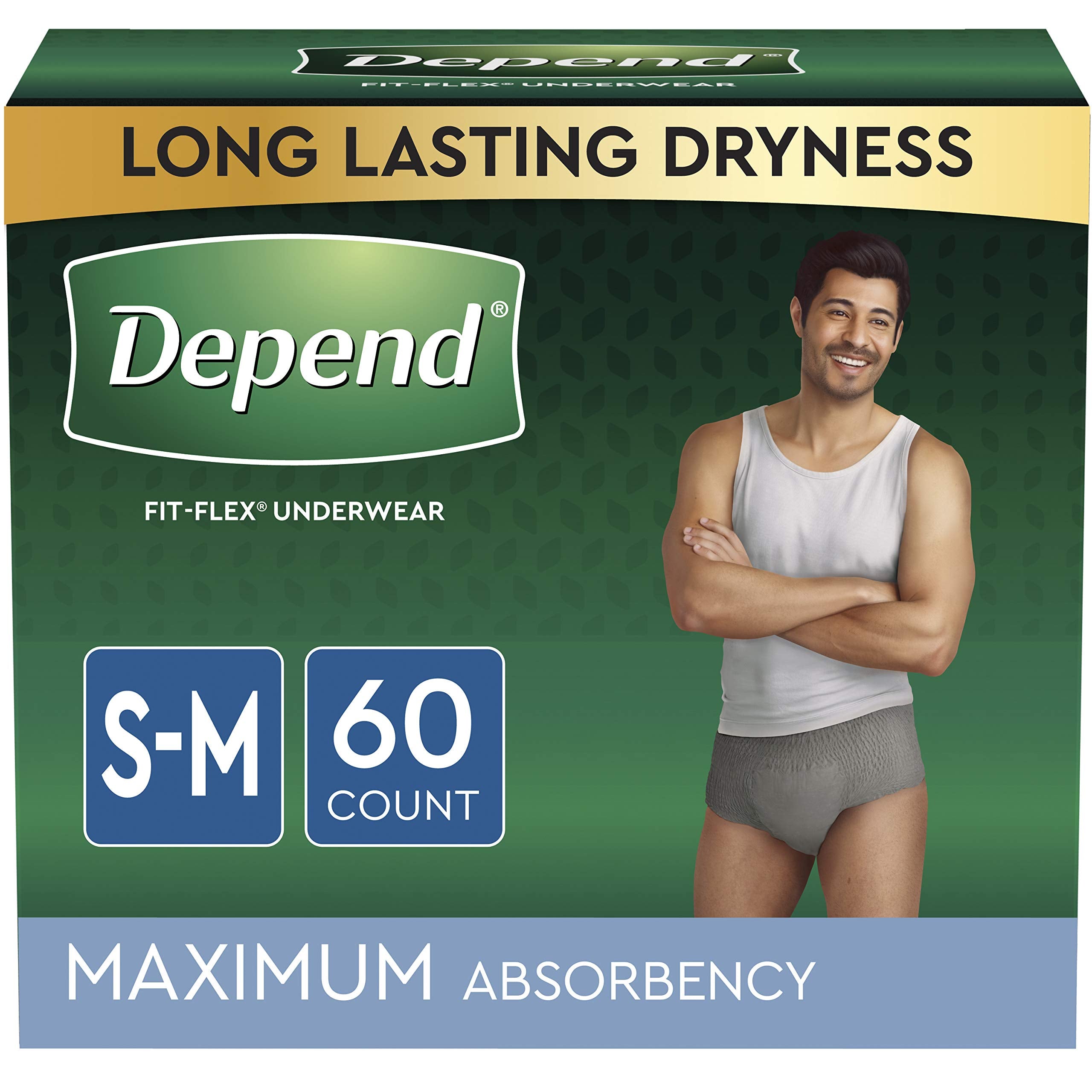 Depend FIT-FLEX Incontinence Underwear for Men, Maximum Absorbency, Disposable, Small/Medium, Grey, 60 Count (2 Packs of 30) (Packaging May Vary)