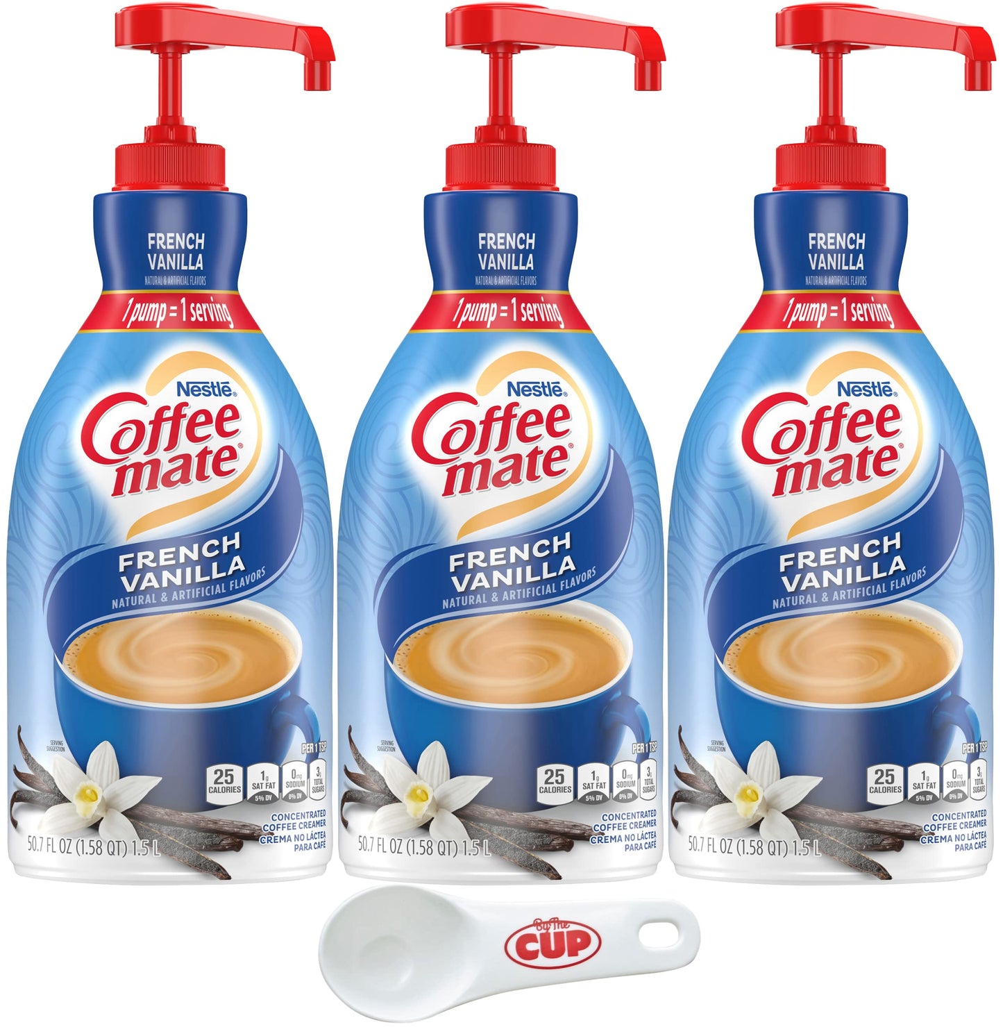 Coffee mate French Vanilla Liquid Concentrate, 1.5 Liter Pump Bottle (Pack of 3) with By The Cup Coffee Scoop