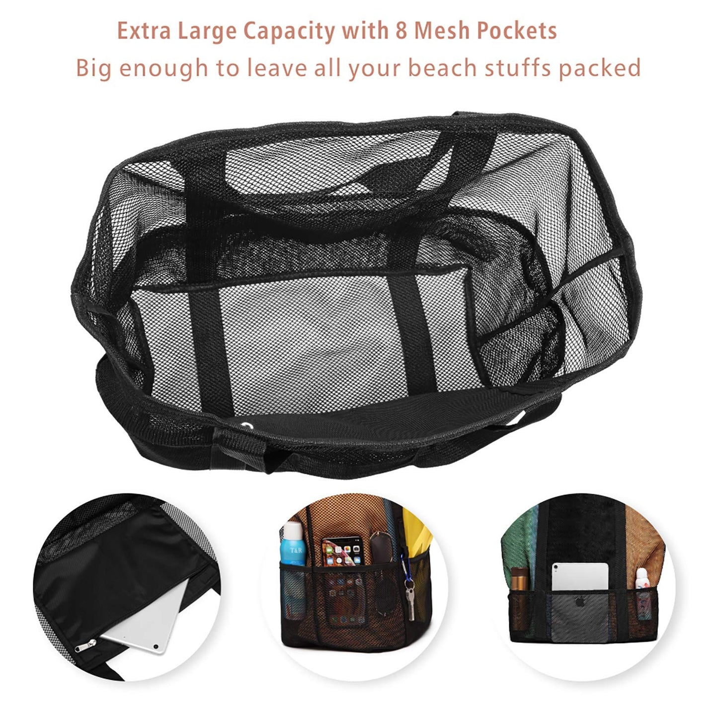 F-color Mesh Beach Bag Oversize-Beach Tote 9 Pockets Beach Towel Bag, Black