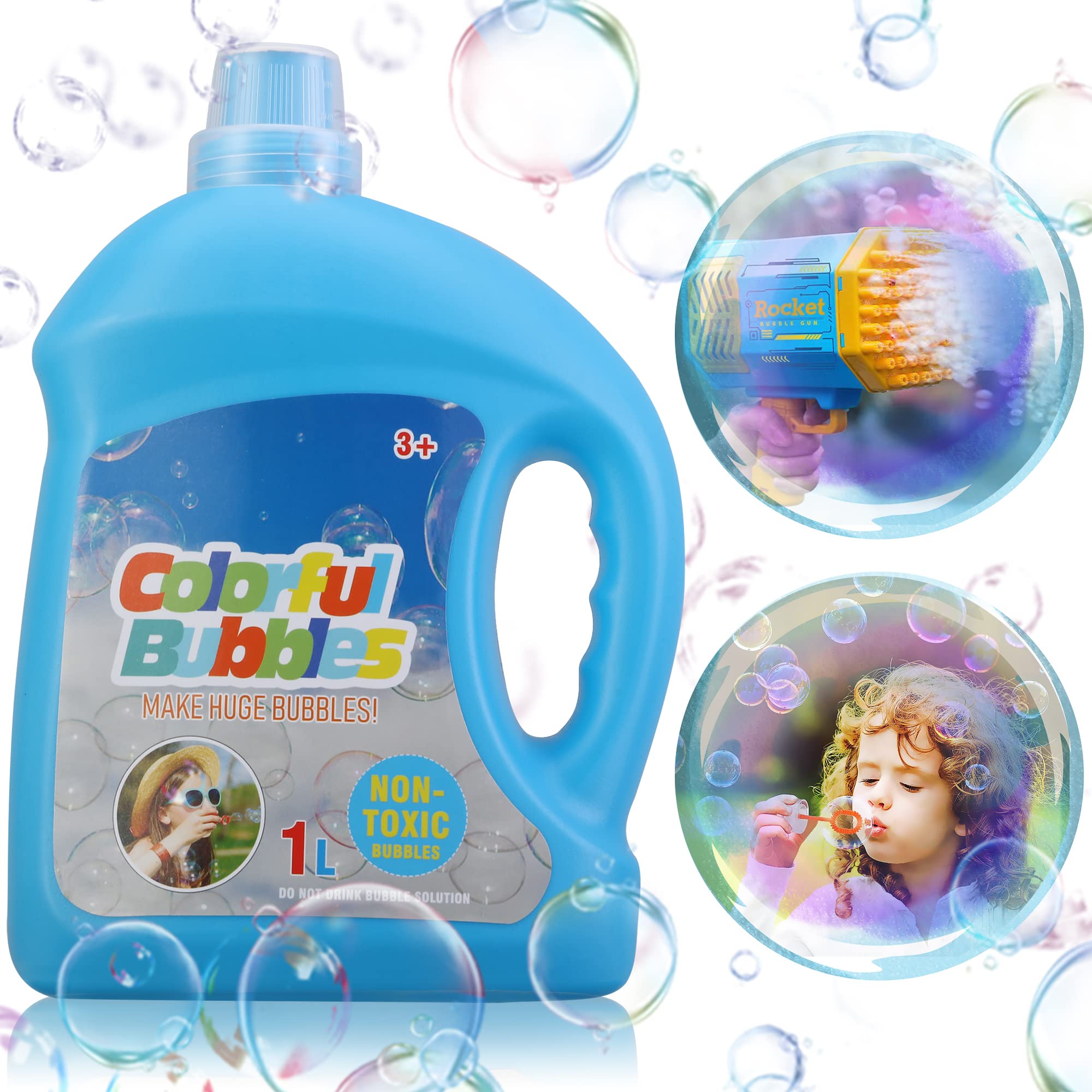 SHCKE Concentrated Bubble Machine Solution, 1 L/ 33.8 OZ Bubble Solution Refill for All Bubble Toys, Bubble Gun and Bubble Machine,Safe and Fun, Easy to Use, Leak-Proof and Portable