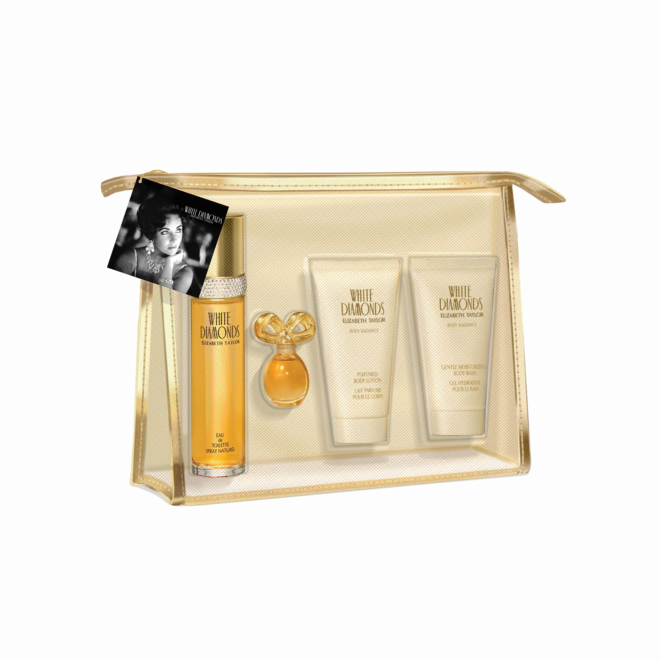Elizabeth Taylor White Diamonds Women's Fragrance 4 Piece Gift Set, 1.7 oz Eau de Toilette Spray, 0.12 oz Parfum Replica, 1.7 oz Body Lotion, 1.7 oz Body Wash, and Cosmetic Case