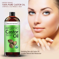 Natural Riches Organic Castor Oil Cold pressed USDA certified for Dry Skin Hair Loss Dandruff Thicker Hair - Moisturizes Skin Helps Hair growth Thicker Eyelashes Eyebrows 16 fl. oz.