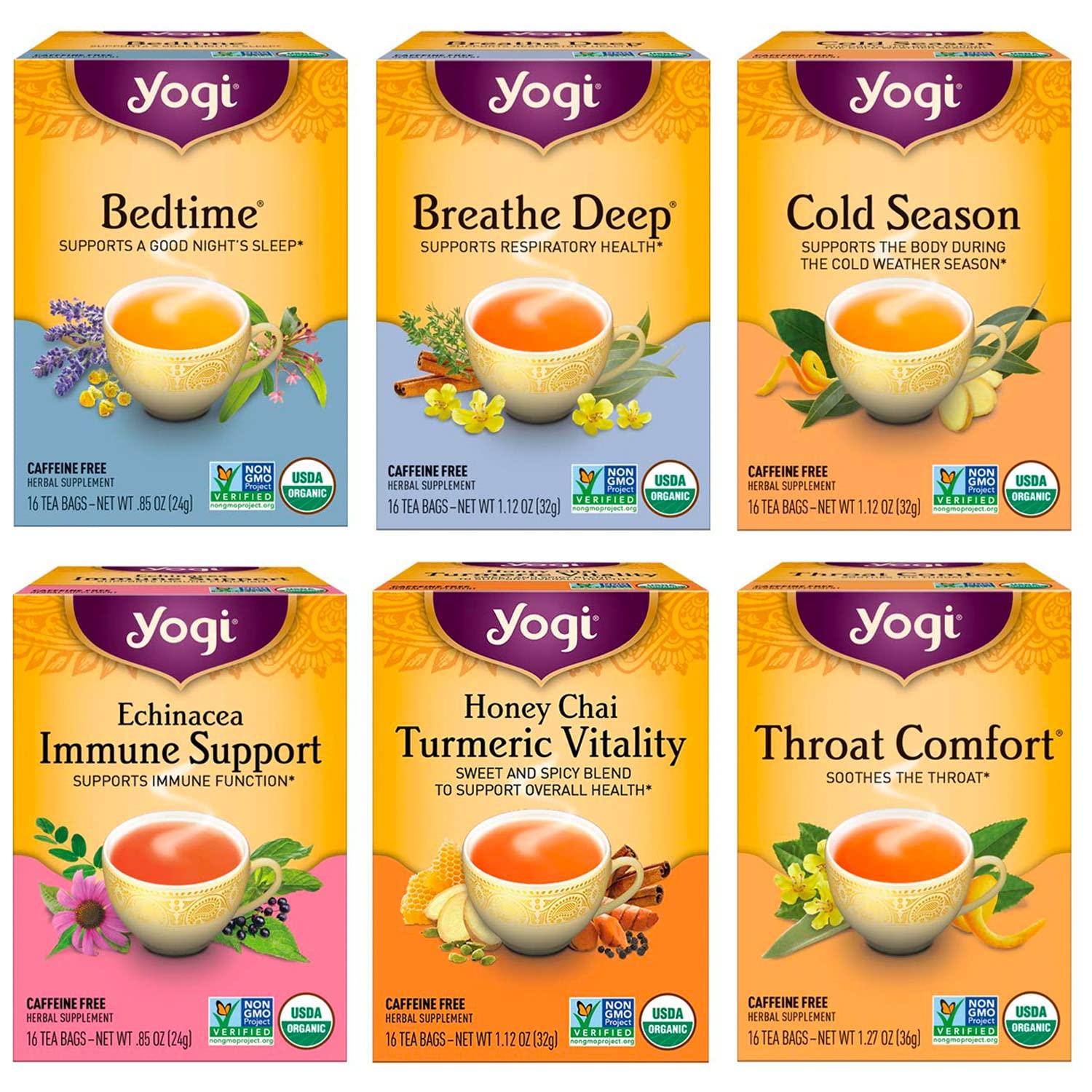 Yogi Tea Get Well Variety Pack - 16 Tea Bags per Pack (6 Packs) - Tea Variety Pack for Support During the Cold Season - Includes Cold Season, Bedtime, Breathe Deep, Echinacea Immune Support & More