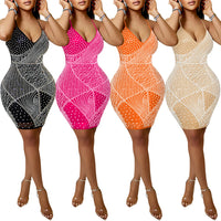 Zoctuo Women's Sexy Deep V Neck Rhinestone Spaghetti Straps Bodycon Mini Dress Party Club Night Outfit(5748,Rose Red,M)