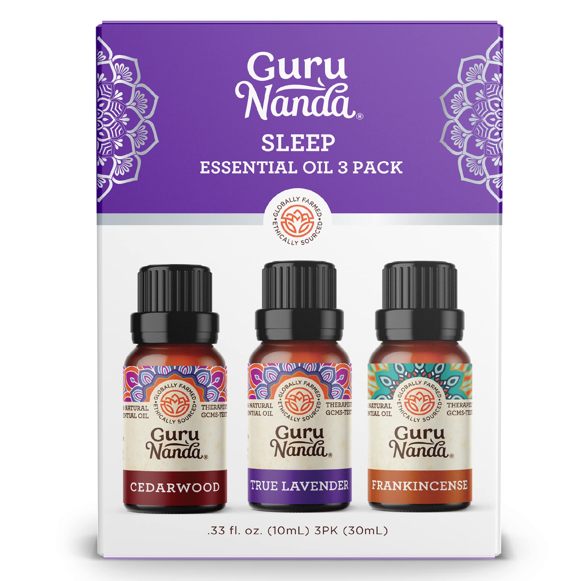 GuruNanda Sleep Essential Oil Set (Pack of 3 x 0.34 Fl Oz) - 100% Pure, Natural & Undiluted Cedarwood, Frankincense & Lavender Aromatherapy Oils for Diffuser - Perfect for Massages & DIY Recipes