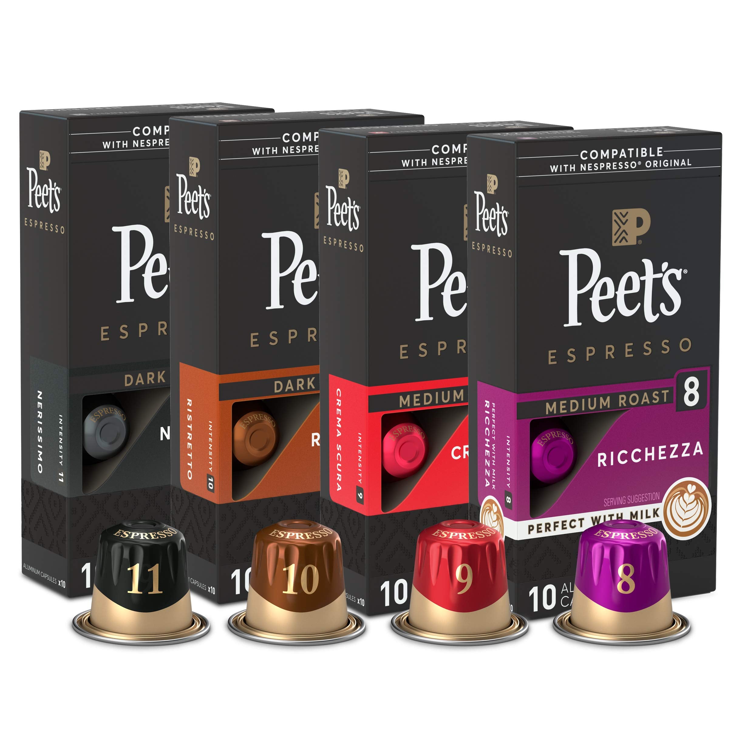 Peet's Coffee Gifts, Espresso Coffee Pods Variety Pack, Dark & Medium Roasts, Compatible with Nespresso Original Machine, Intensity 8-11, 40 Count (4 Boxes of 10 Espresso Capsules)