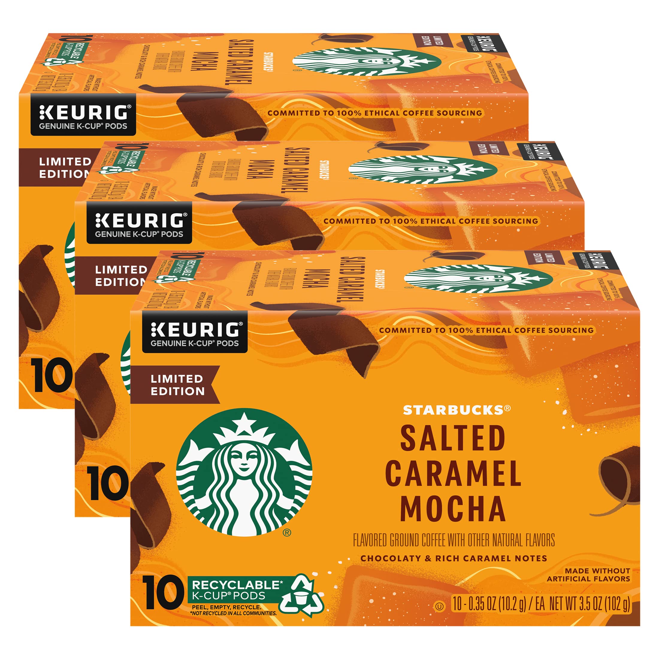 Starbucks Limited Edition Coffee K-Cups, Salted Caramel Mocha, Keurig Genuine K-Cup Pods, Chocolaty & Rich Caramel Notes, 10 CT K-Cups/Box (Pack of 3)