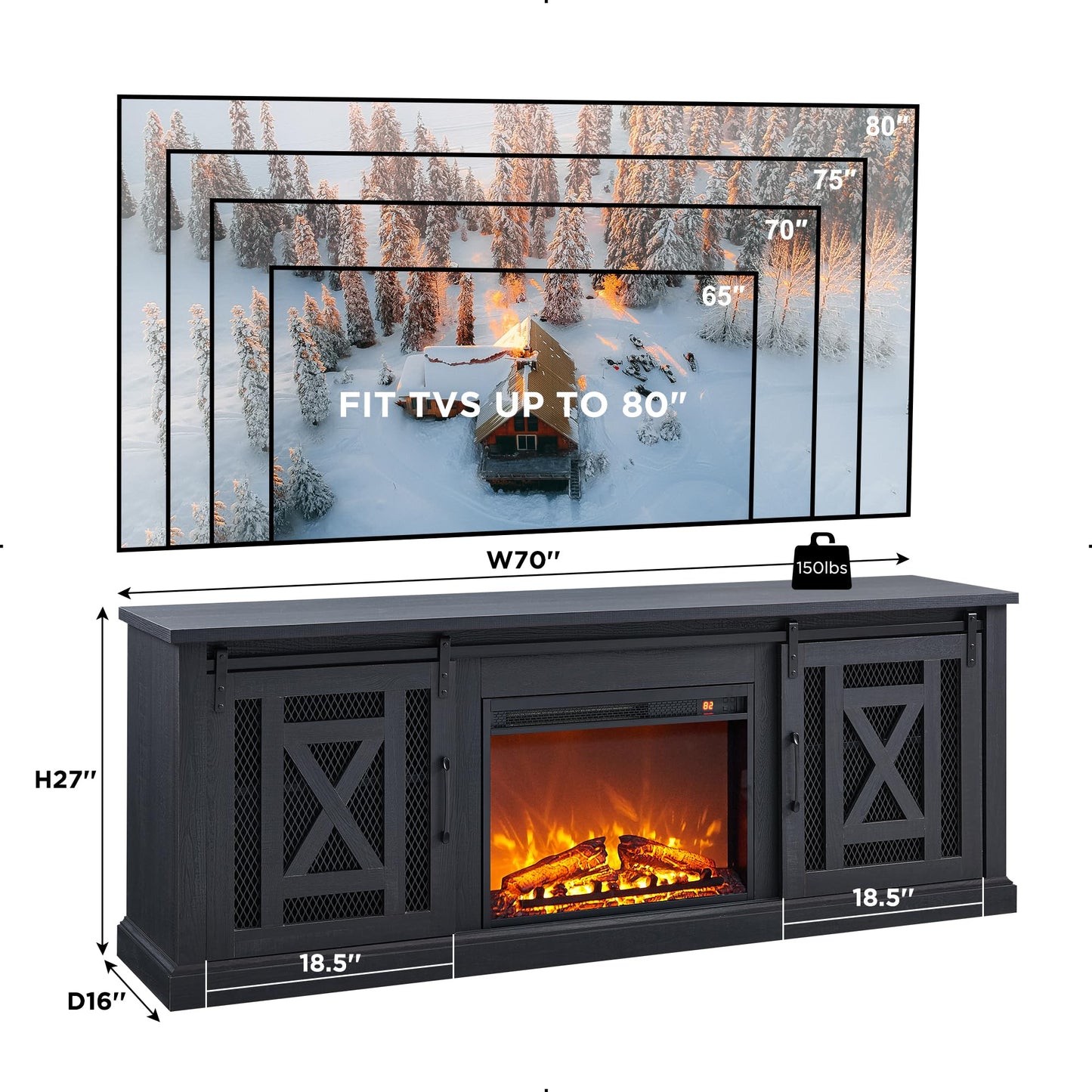 JXQTLINGMU Electric Fireplace TV Stand for TVs up to 80 Inches, Farmhouse Entertainment Center w/Sliding Barn Door & Adjustable Storage Shelves, 70" Large Media Console Table for Living Room, Black