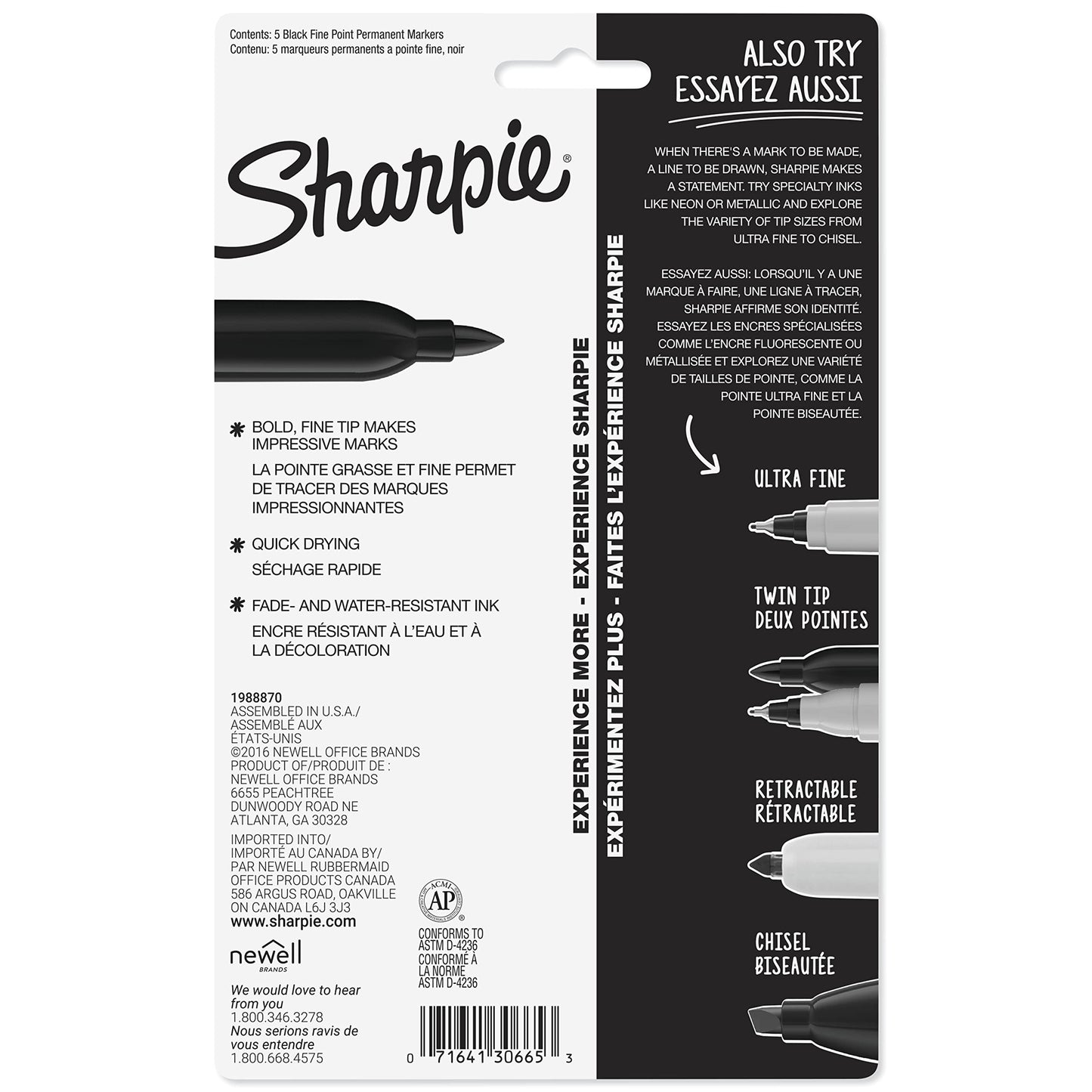 Sharpie Permanent Marker, Fine Point, Black, Pack of 5