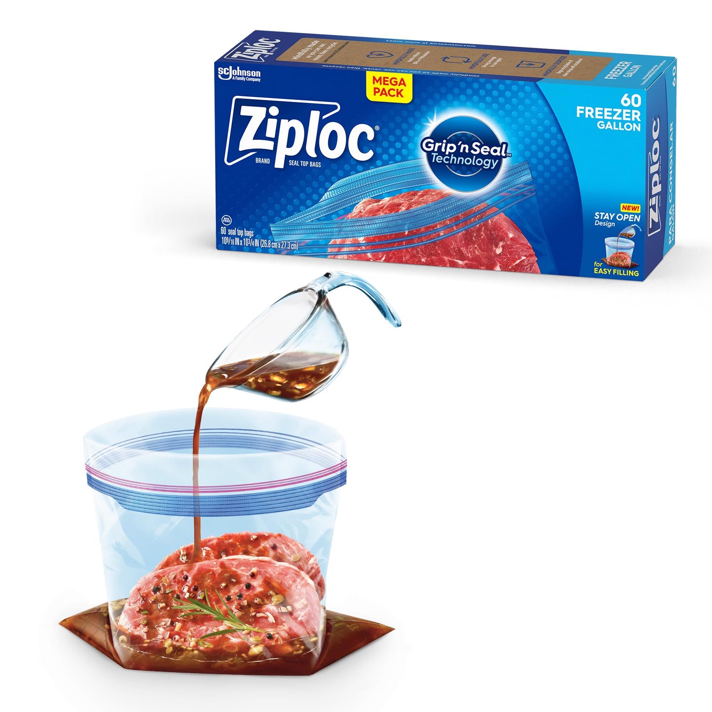 Ziploc Gallon Food Storage Freezer Bags, New Stay Open Design with Stand-Up Bottom, Easy to Fill, 60 Count