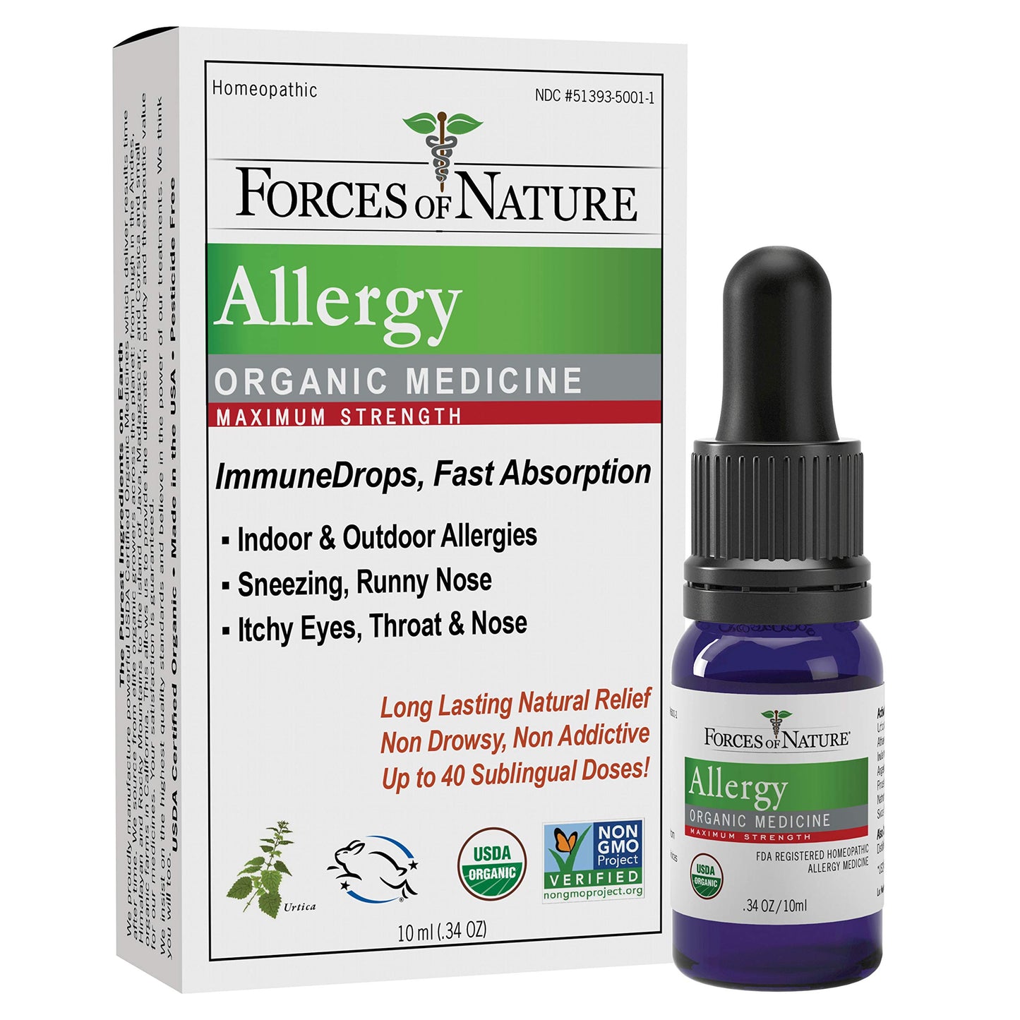 Forces of Nature - Natural Organic Allergy Maximum Strength Medicine (10ml) Non Drowsy, Non Addictive, Non GMO -Fight Indoor, Outdoor Allergies, Sneezing, Runny Nose, Itchy Eyes, Throat and Nose