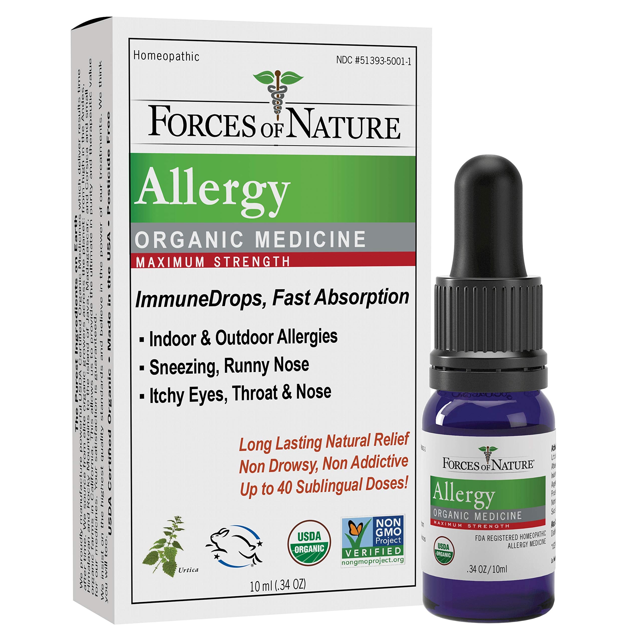 Forces of Nature - Natural Organic Allergy Maximum Strength Medicine (10ml) Non Drowsy, Non Addictive, Non GMO -Fight Indoor, Outdoor Allergies, Sneezing, Runny Nose, Itchy Eyes, Throat and Nose