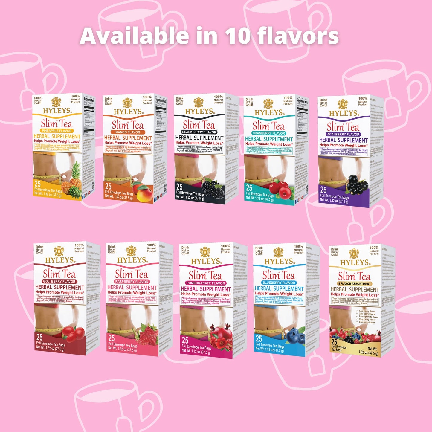 Hyleys Slim Tea 5 Flavor Assortment - Weight Loss Herbal Supplement Cleanse and Detox - 25 Tea Bags (1 Pack)