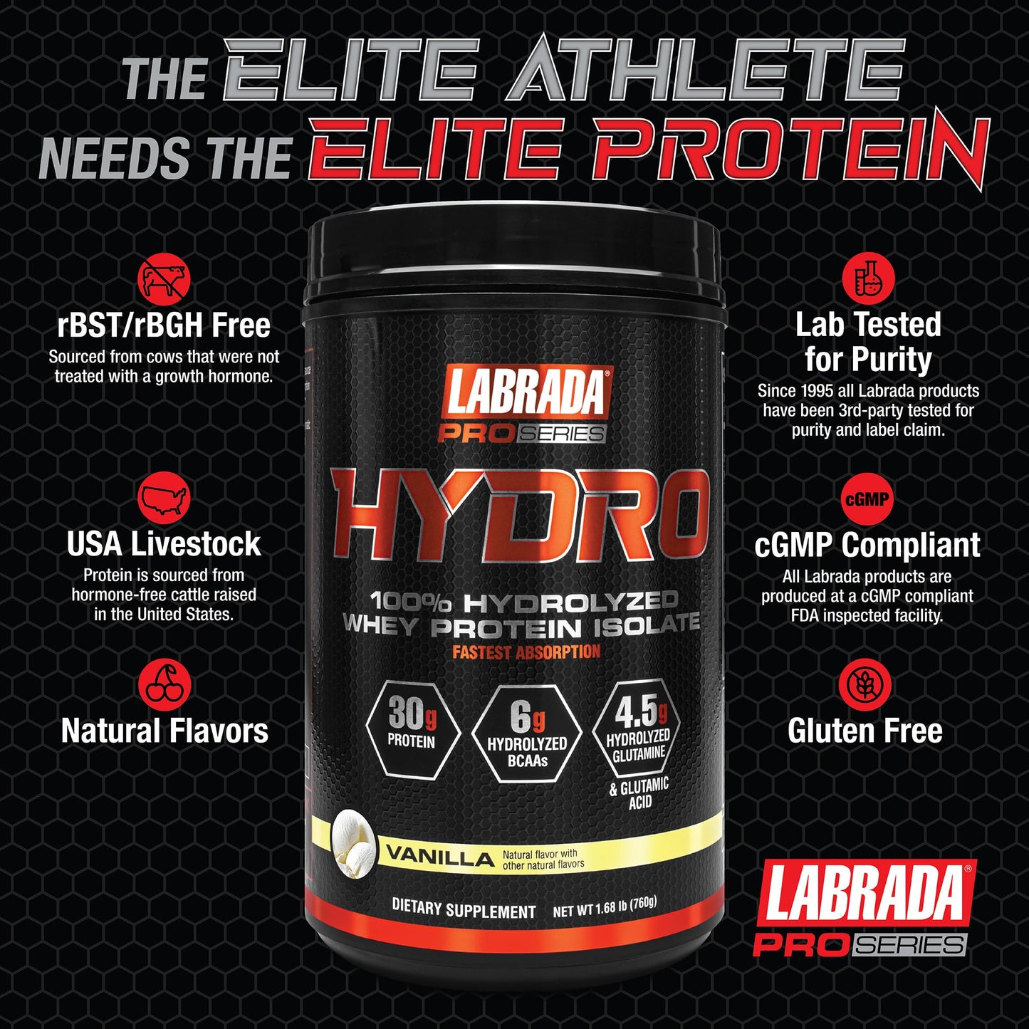 Labrada Hydro 100% Pure Hydrolyzed Whey Protein Isolate Powder, Lactose Free, 6g BCAA’s, 4.5g Glutamine, Fastest Digesting Whey Available, Instant Mixing, Delicious Taste (Vanilla)
