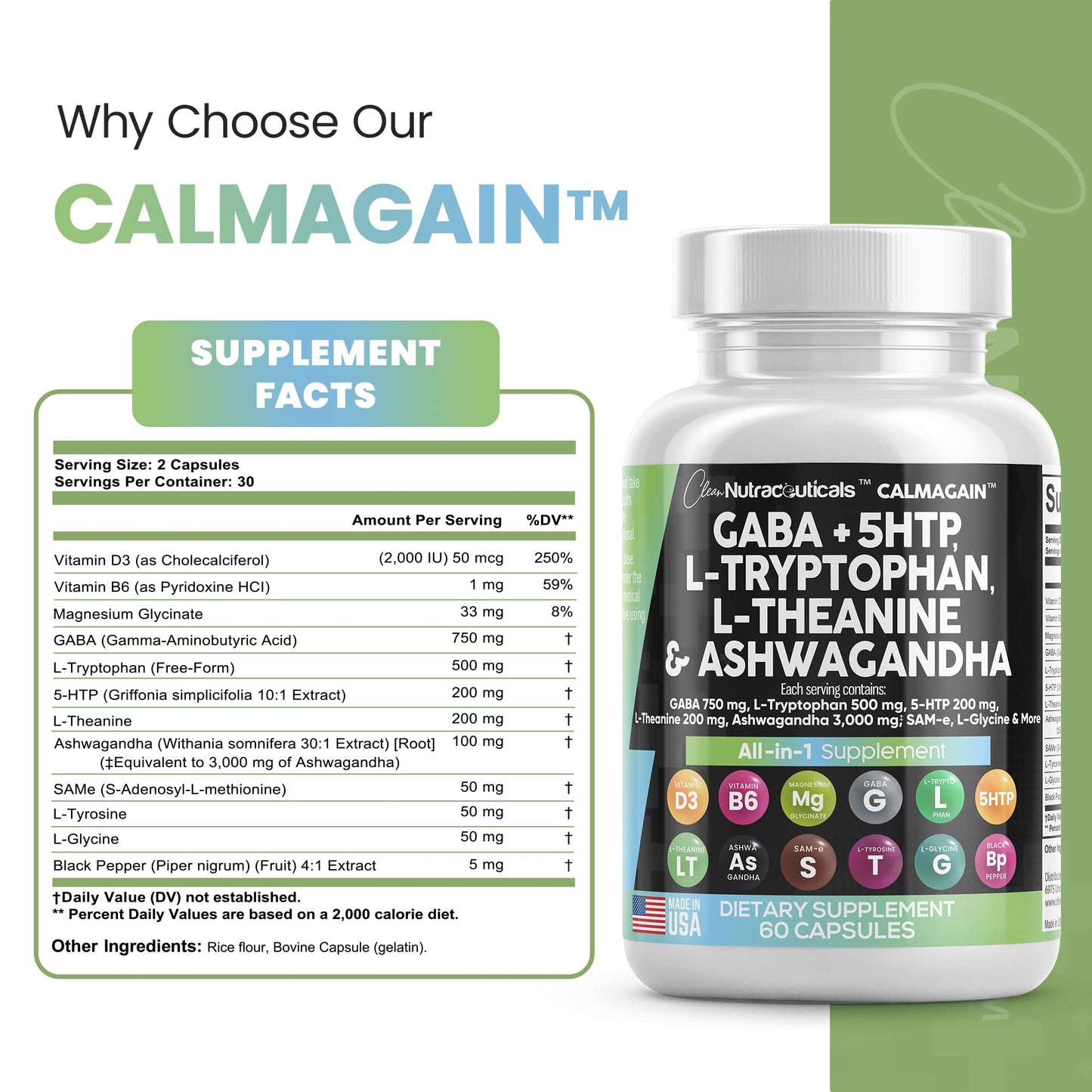 Clean Nutraceuticals GABA 750mg 5 HTP 200mg L Tryptophan 500mg L Theanine 200mg Ashwagandha 3000mg SAM-e L-Glycine - Mood Support Vitamins for Women and Men with L-Tyrosine - Made in USA 60 Caps