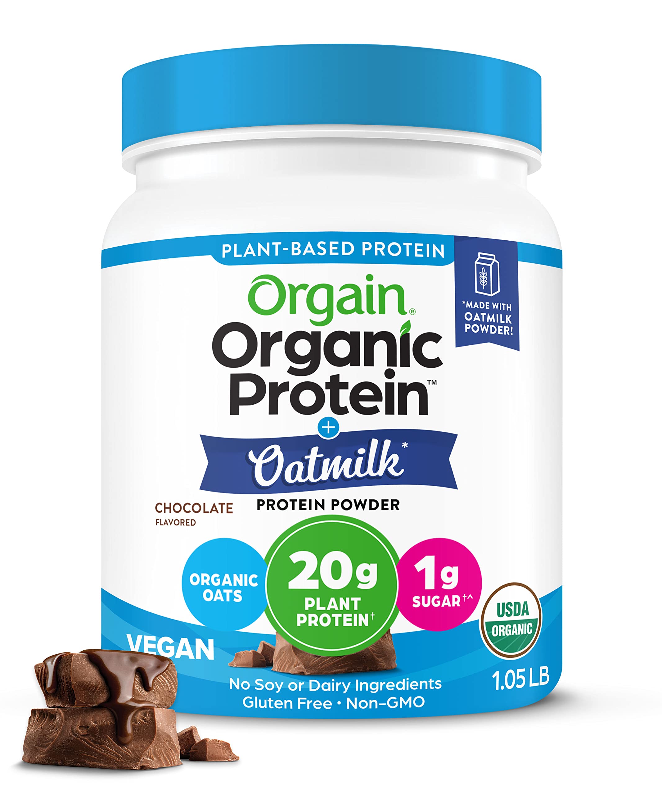 Orgain Organic Vegan Protein Powder + Oat Milk, Chocolate - 20g Plant Based Protein with Milk from Oats, Gluten Free, Dairy Free, Lactose Free, Soy Free, Low Sugar, Non GMO, Kosher - 1.05lb