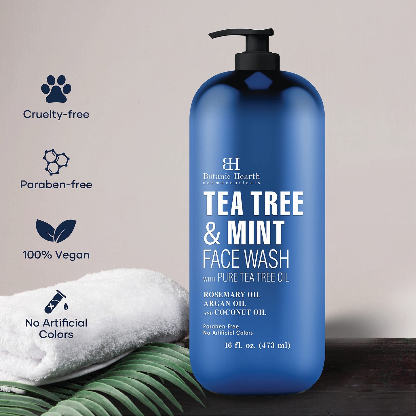 Botanic Hearth Tea Tree Face Wash with Mint - Acne Fighting, Therapeutic, Hydrating Liquid Face Soap with Pure Tea Tree Oil - for Women and Men, Paraben Free - 16 fl oz