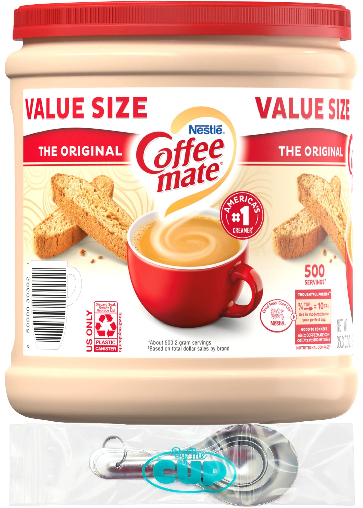 Coffee mate Original Powder Creamer, 35.3 oz Canister with By The Cup Stainless Steel Measuring Spoons