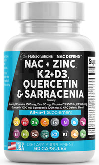 NAC Supplement N-Acetyl Cysteine 1000mg Vitamin D3 K2 Zinc Quercetin 1000mg Sarracenia Purpurea 1000mg with Elderberry Holy Basil Bee Propolis Bromelain L-Lysine Made in USA - 60 Count