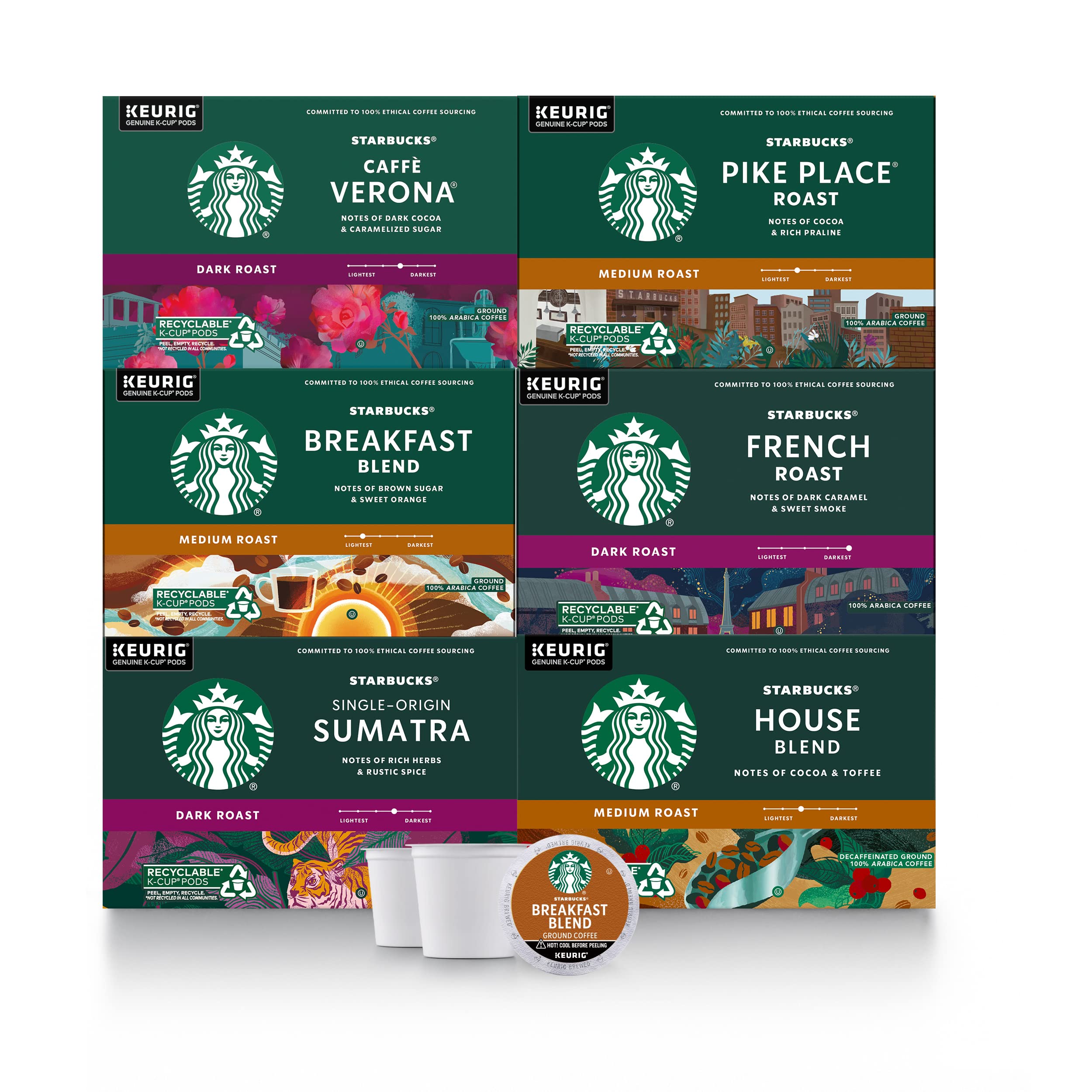 Starbucks K-Cup Coffee Pods—Medium & Dark Roast Variety Pack for Keurig Brewers—100% Arabica—6 boxes (60 pods total)